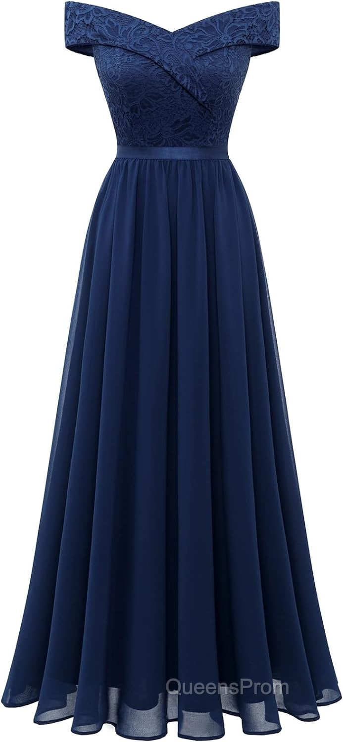 Womens Lace Bridesmaid Dress A-Line Off Shoulder Floral Lace Chiffon Evening Prom Dress