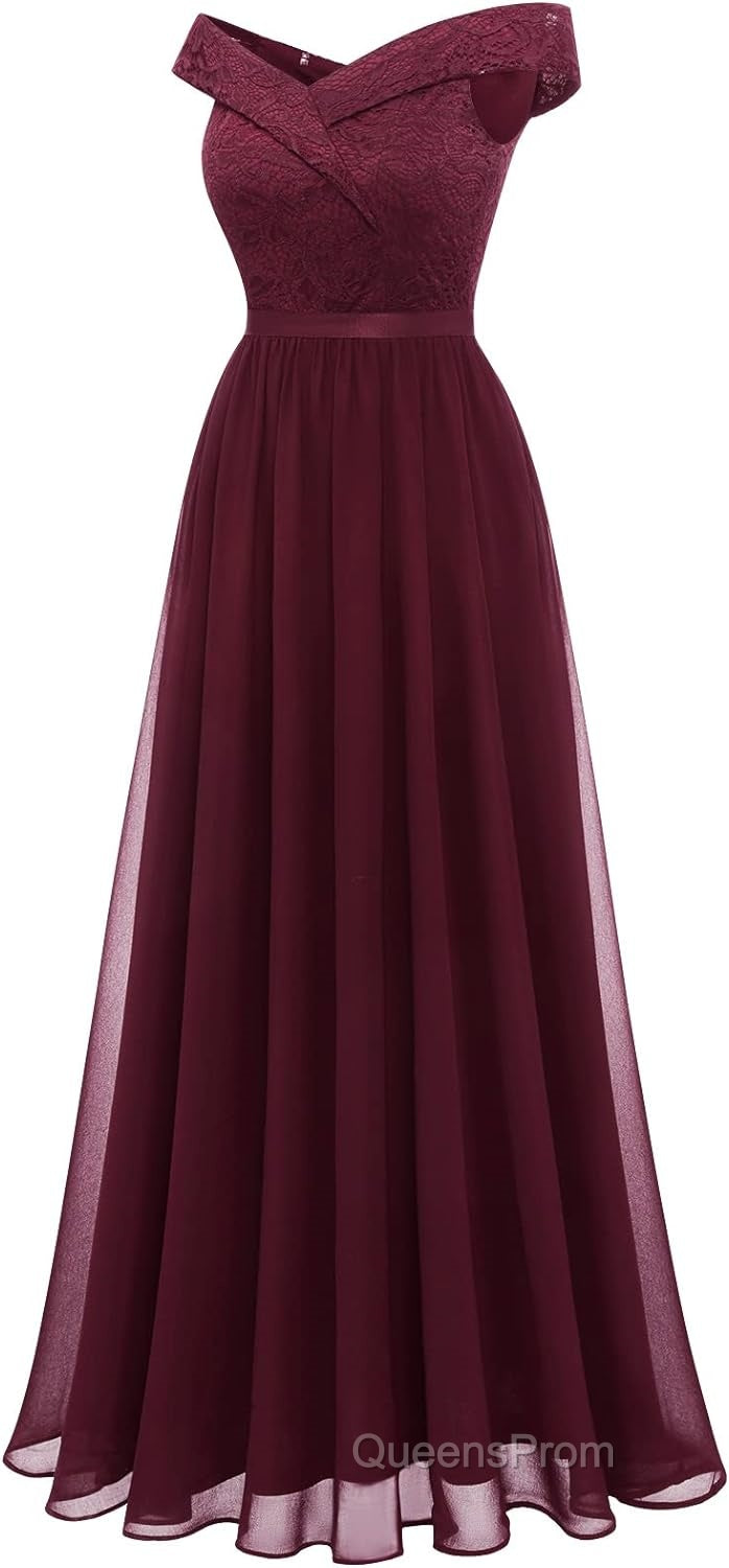 Womens Lace Bridesmaid Dress A-Line Off Shoulder Floral Lace Chiffon Evening Prom Dress