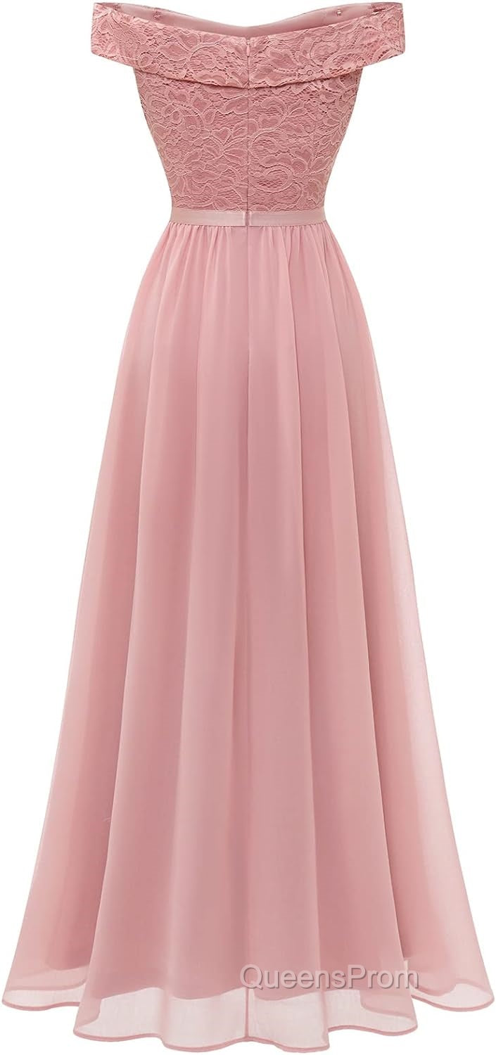 Womens Lace Bridesmaid Dress A-Line Off Shoulder Floral Lace Chiffon Evening Prom Dress Secondary image