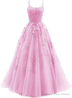 Womens Lace Appliques Prom Dresses Long Spaghetti Strap Ball Gowns Tulle Formal Dress for Party