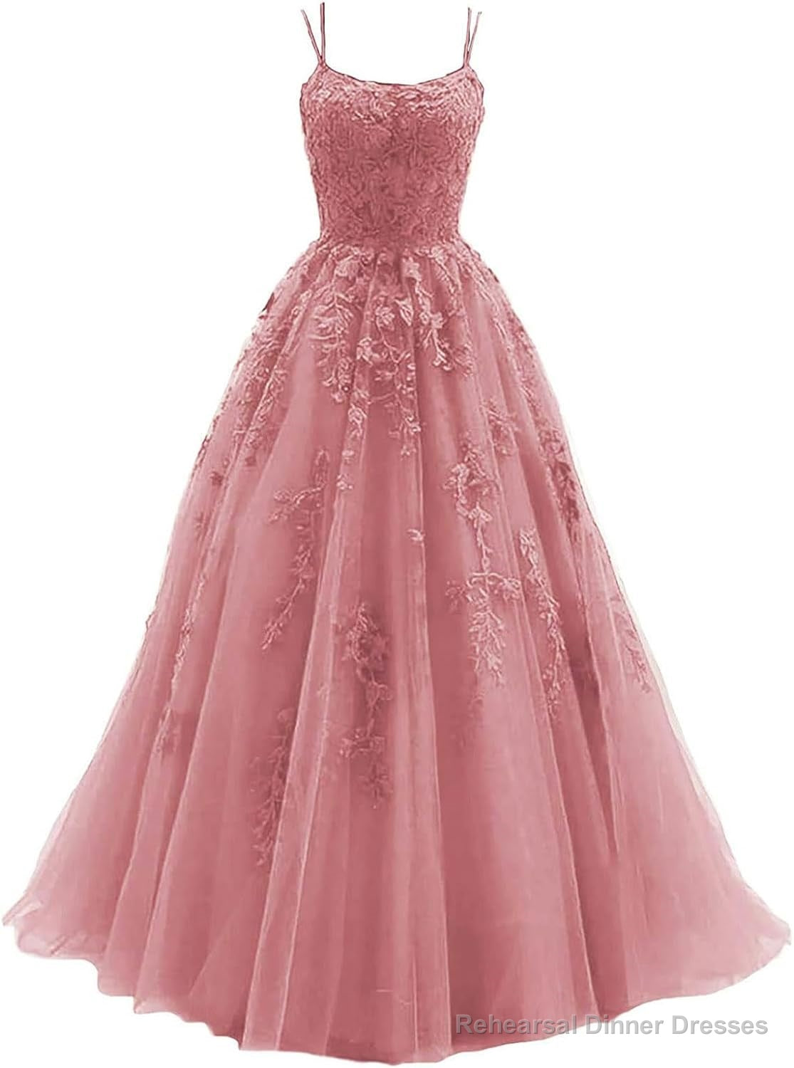 Womens Lace Appliques Prom Dresses Long Spaghetti Strap Ball Gowns Tulle Formal Dress for Party Main image