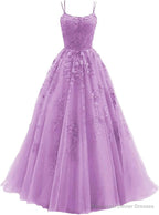Womens Lace Appliques Prom Dresses Long Spaghetti Strap Ball Gowns Tulle Formal Dresses for Party
