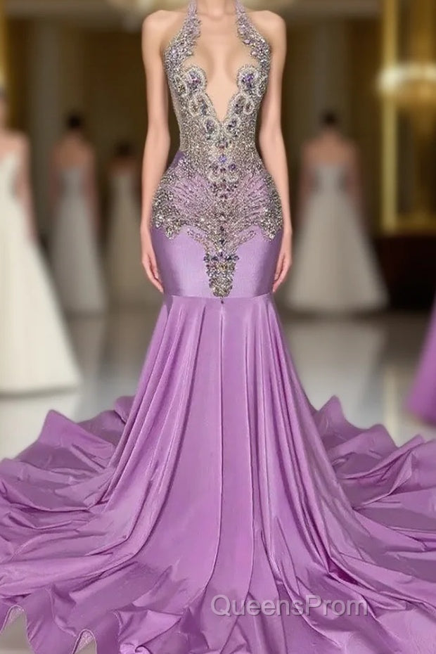 Long Lilac Sleeveless Halter Mermaid Evening Prom Dress With Beadings Main image