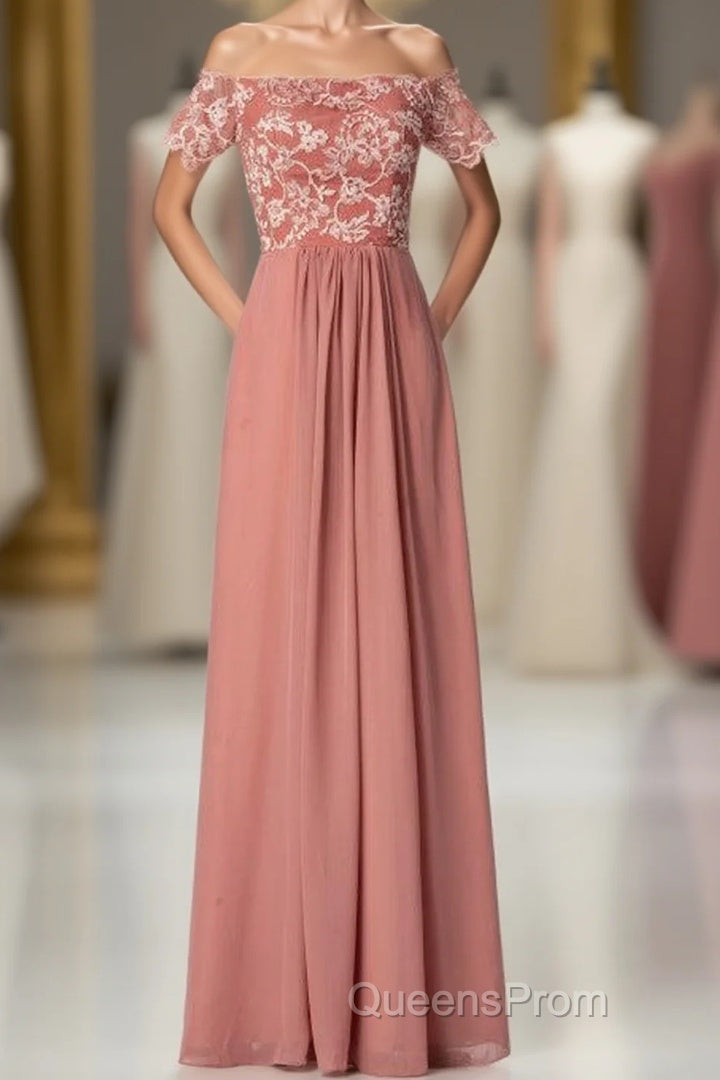 Dusty Rose Square Neck Short Sleeve Long Bridesmaid Dress