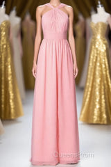 Pink Chiffon Halter Backless A-Line Long Bridesmaid Dress