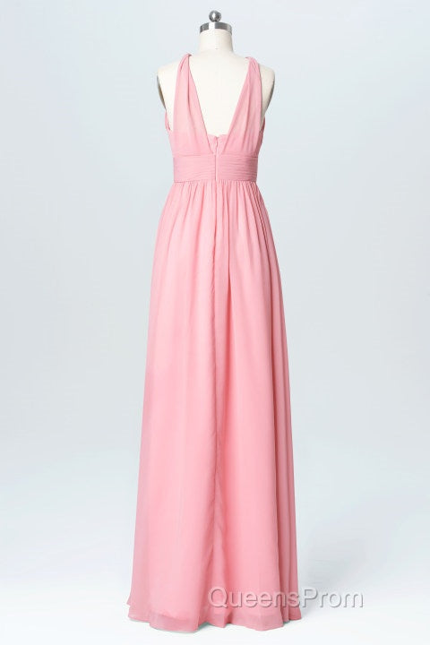 Pink Chiffon Halter Backless A-Line Long Bridesmaid Dress
