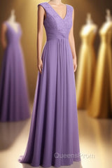 Lavender V-Neck Twist-Front A-Line Long Bridesmaid Dress