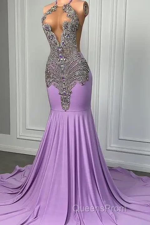 Long Lilac Sleeveless Halter Mermaid Evening Prom Dress With Beadings Secondary image