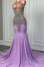 Long Lilac Sleeveless Halter Mermaid Evening Prom Dress With Beadings