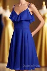 Royal Blue Spaghetti Straps Ruffled A-Line Short Bridesmaid Dress