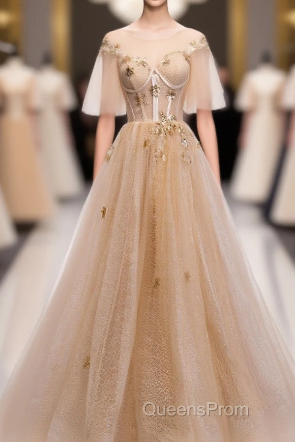 Champagne Round Neck Tulle Lace Long Evening Prom Dress, Formal Dress Main image