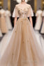 Champagne Round Neck Tulle Lace Long Evening Prom Dress, Formal Dress