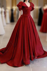 Simple Burgundy Satin Long Evening Prom Dress, Burgundy Long Evening Dress
