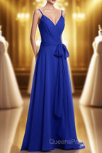 Royal Blue V-Neck Spaghetti Straps Tea-Length Bridesmaid Dress