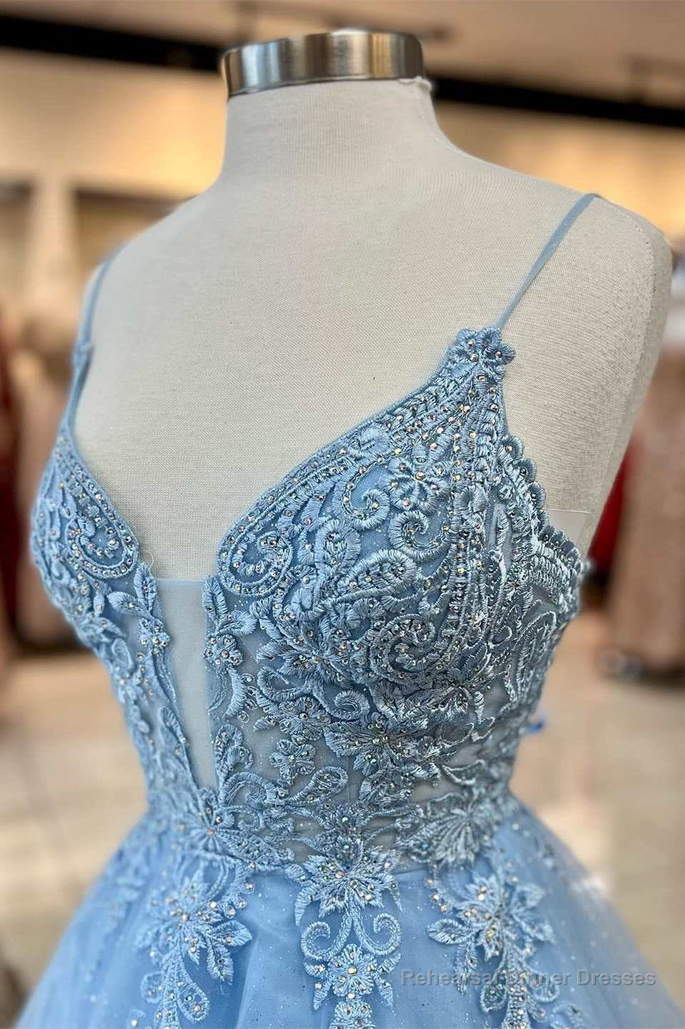 Light Blue Tulle Lace Plunge Neck A-Line Prom Dress Secondary image