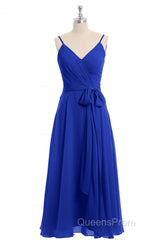 Royal Blue V-Neck Spaghetti Straps Tea-Length Bridesmaid Dress