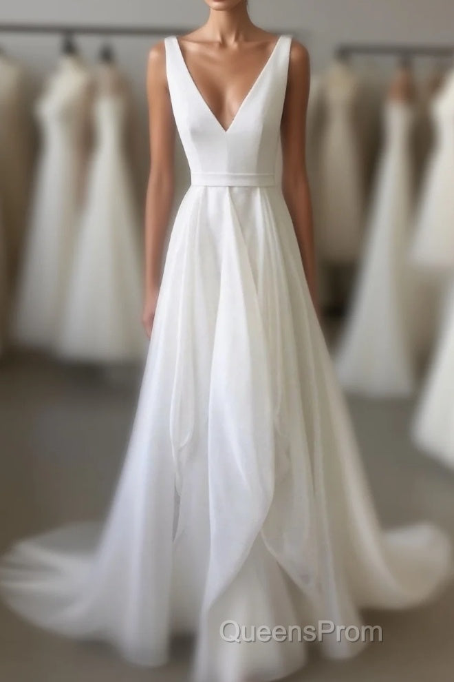 Simple White V Neck Tulle Long Evening Prom Dress, White Evening Dress Main image