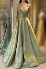 Green Simple A Line Satin Spaghetti Straps Long Evening Prom Dress