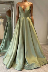 Green Simple A Line Satin Spaghetti Straps Long Evening Prom Dress