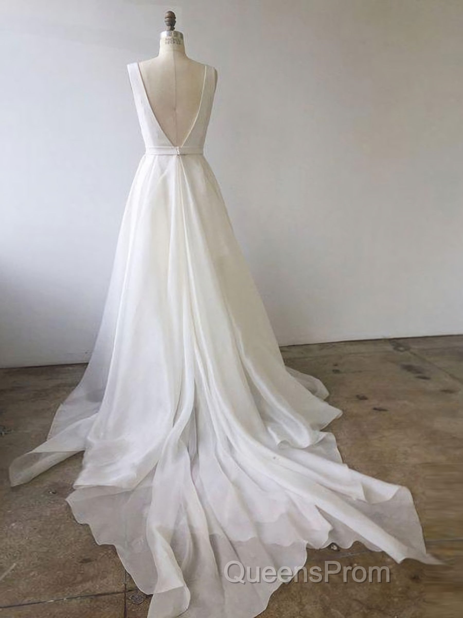Simple White V Neck Tulle Long Evening Prom Dress, White Evening Dress Secondary image