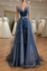 Gray Blue Tulle Beads Long Evening Prom Dress, Blue Tulle Formal Dress