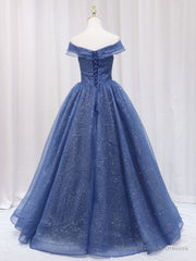 A-Line Dark Blue Tulle Long Prom Dresses, Blue Formal Evening Dress