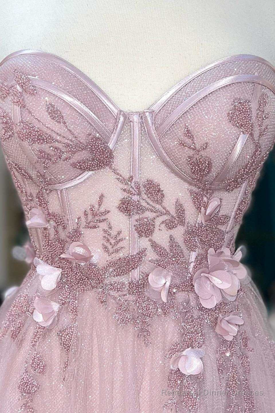 Princess Pink Sweetheart 3D Floral Lace A-Line Prom Dress Secondary image