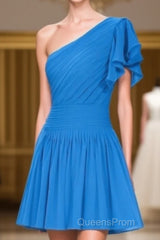 Blue One-Shoulder Ruffled Sleeve Short Bridesmaid Dress