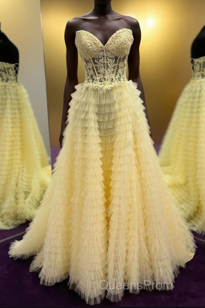 Yellow Lace-Up Floral Multi-Layers Strapless A-line Long Evening Prom Dress Main image