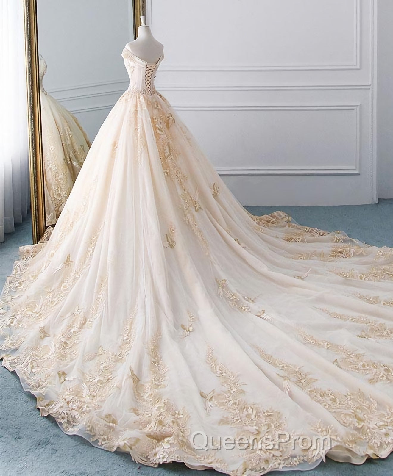 Unique Champagne Tulle Lace Long Wedding Dress, Bridal Gown