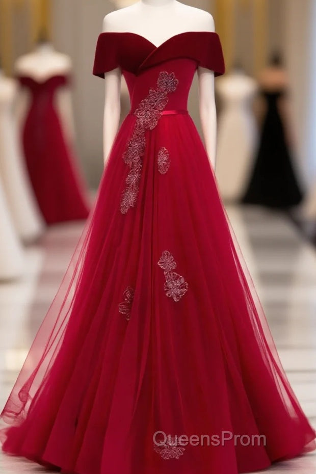 Burgundy Tulle Off Shoulder Long Evening Prom Dress, Burgundy Formal Dress Main image