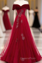 Burgundy Tulle Off Shoulder Long Evening Prom Dress, Burgundy Formal Dress