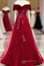 Burgundy Tulle Off Shoulder Long Evening Prom Dress, Burgundy Formal Dress