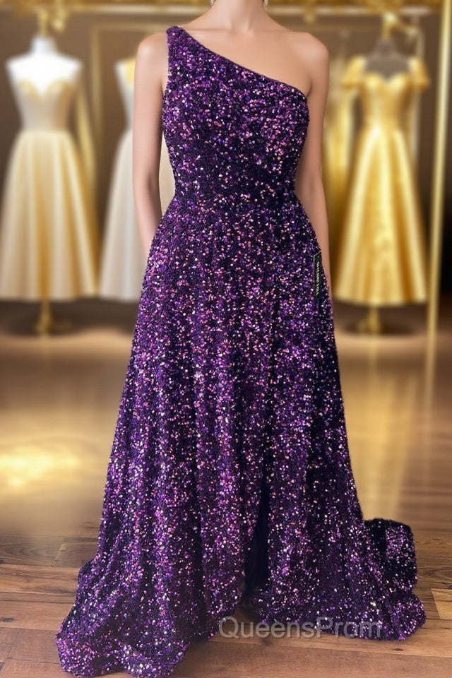 Purple Sequin One-Shoulder Backless A-Line Long Evening Prom Dress Main image
