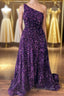 Purple Sequin One-Shoulder Backless A-Line Long Evening Prom Dress