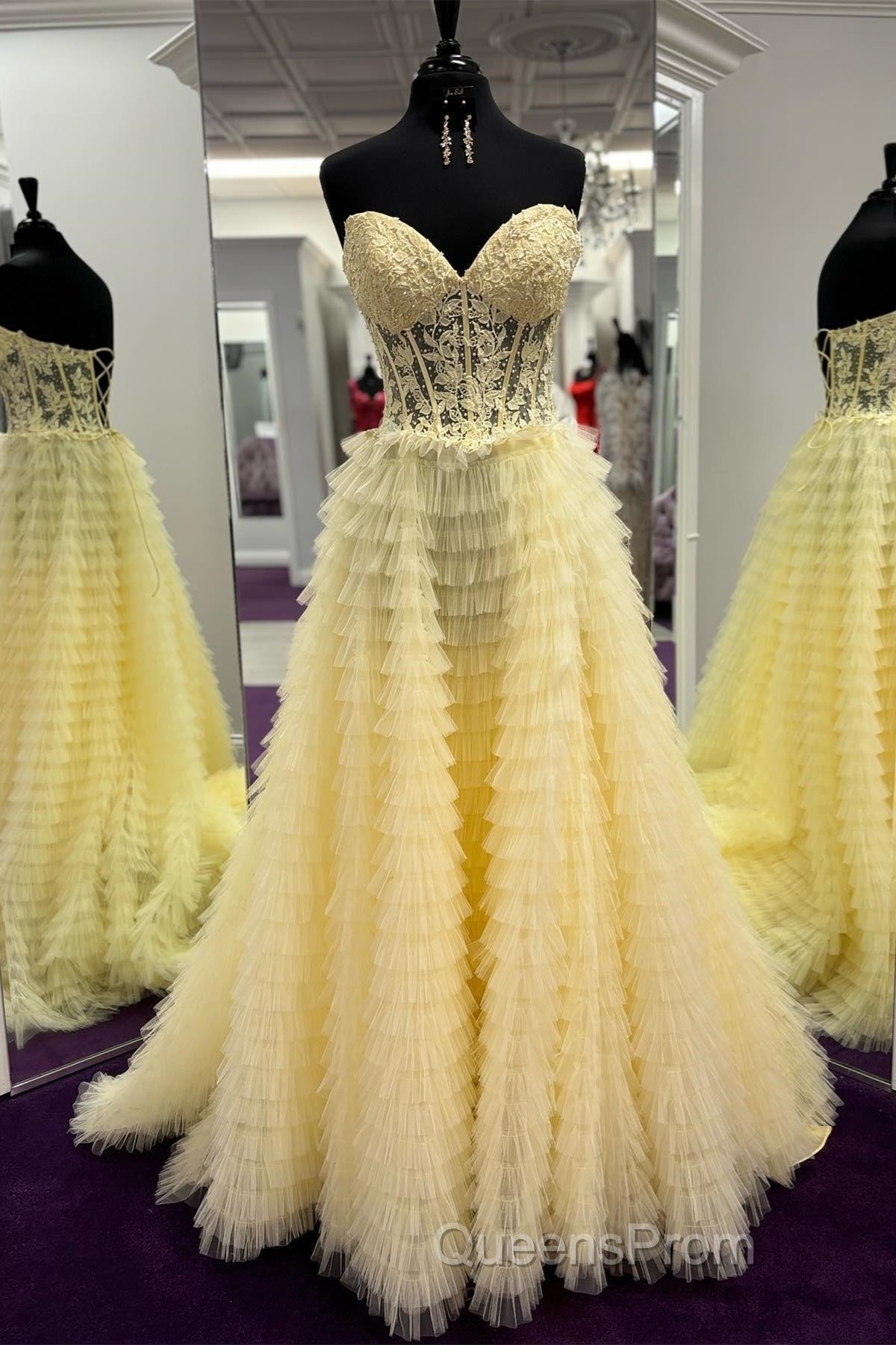 Yellow Lace-Up Floral Multi-Layers Strapless A-line Long Evening Prom Dress Secondary image