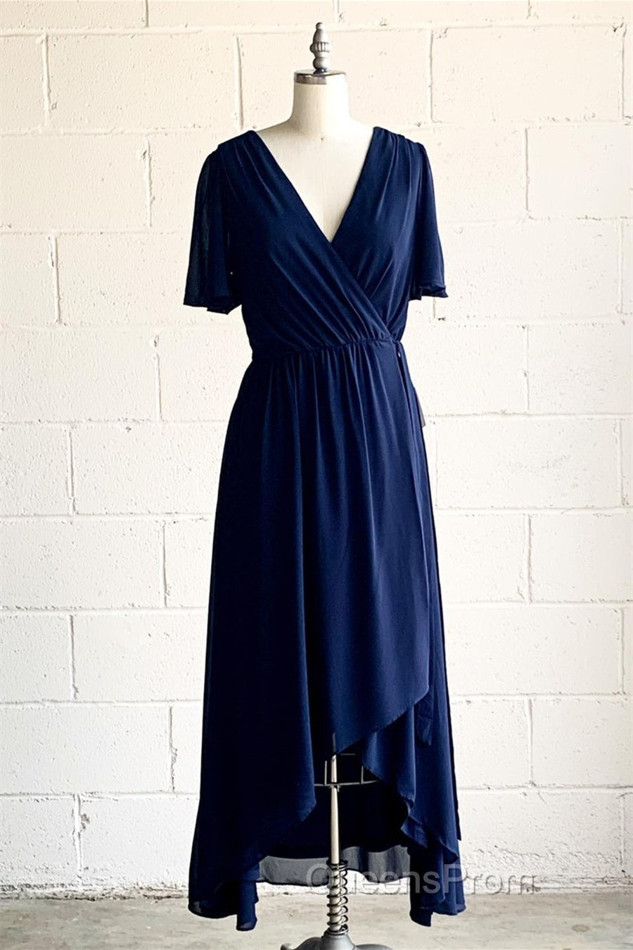 Faux-Wrap V Neck Pleated Chiffon Hi-Low Bridesmaid Dress with Sleeves