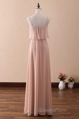 Blush Pink Spaghetti Strap Ruffled Long Bridesmaid Dress