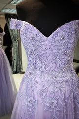 Lilac Off-the-Shoulder Appliques Tulle Long Prom Dress with Slit