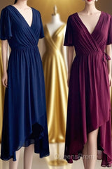 Faux-Wrap V Neck Pleated Chiffon Hi-Low Bridesmaid Dress with Sleeves