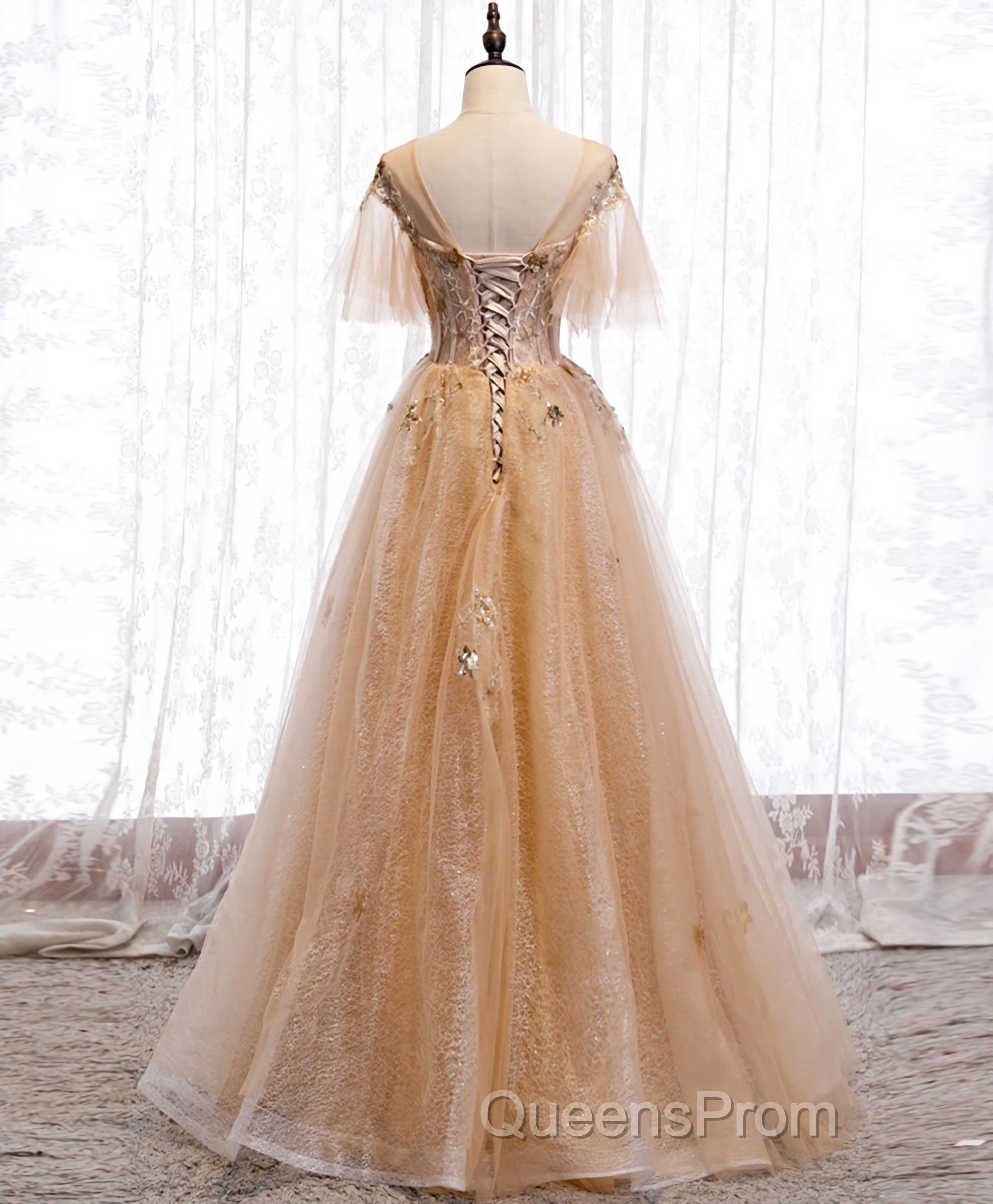 Champagne Round Neck Tulle Lace Long Evening Prom Dress, Formal Dress Secondary image