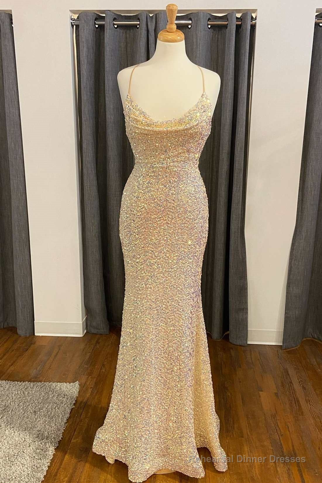 Iridescent Sequin Cowl Neck Mermaid Long Prom Dress
