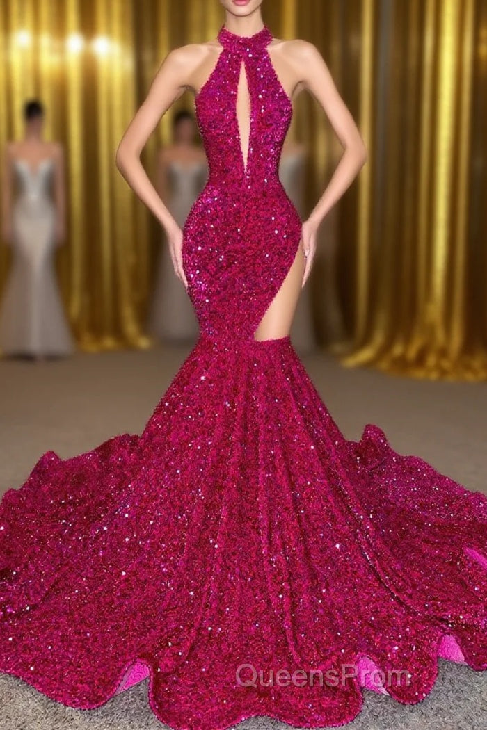 Sparkle Sequined Fuchsia High neck mermaid Keyhole asymmetric cut Evening Prom Dress Main image