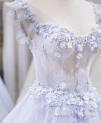 Light Blue Tulle Lace Long Prom Dress, Blue Evening Dress