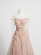 Champagne Pink Tulle Beads Long Evening Prom Dress, Champagne Evening Dress
