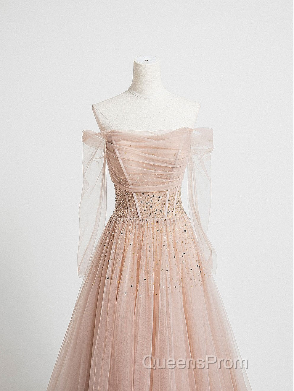 Champagne Pink Tulle Beads Long Evening Prom Dress, Champagne Evening Dress