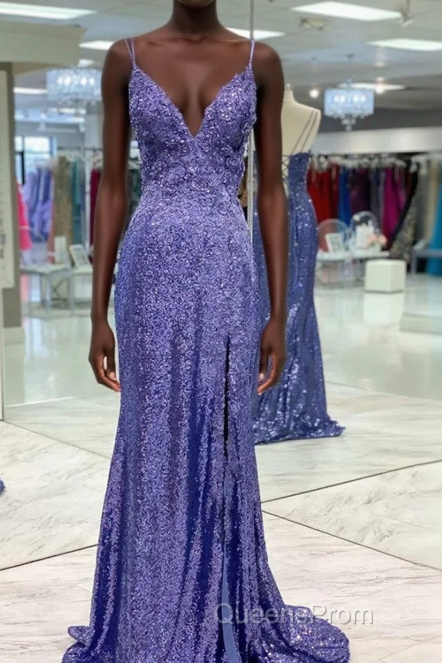 Tight Purple Sequined Long Evening Prom Dress with Slit Main image