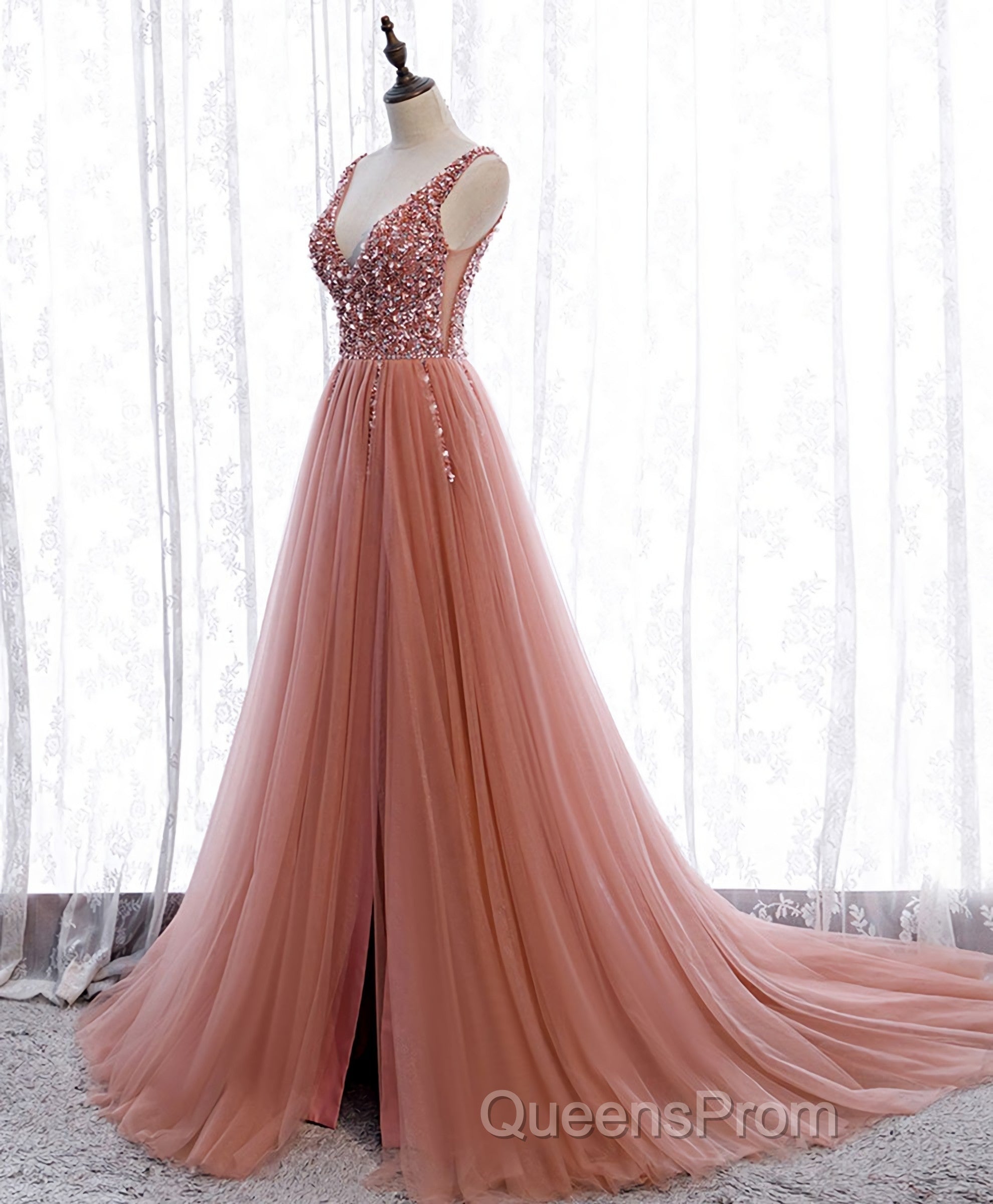 Pink V Neck Tulle Sequin Long Evening Prom Dress, Pink Formal Dress Secondary image
