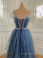 Gray Blue Tulle Beads Long Evening Prom Dress, Blue Tulle Formal Dress