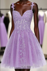 Lavender Tulle Lace Applique Homecoming Dress, Floral Tulle Short Evening Prom Dress